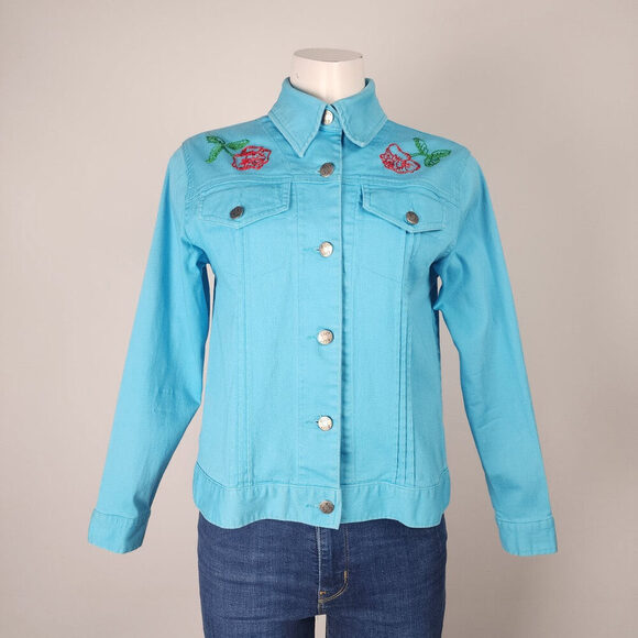 Tradition Country Collection Blue Cotton Embroidered Floral Denim Jacket Size 8 - Picture 1 of 9